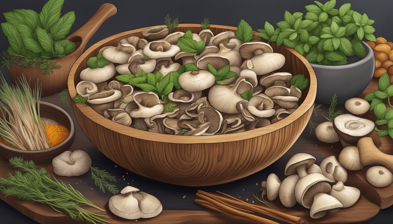 A wooden bowl filled with sliced mushroom stems, surrounded by various herbs and spices on a kitchen counter