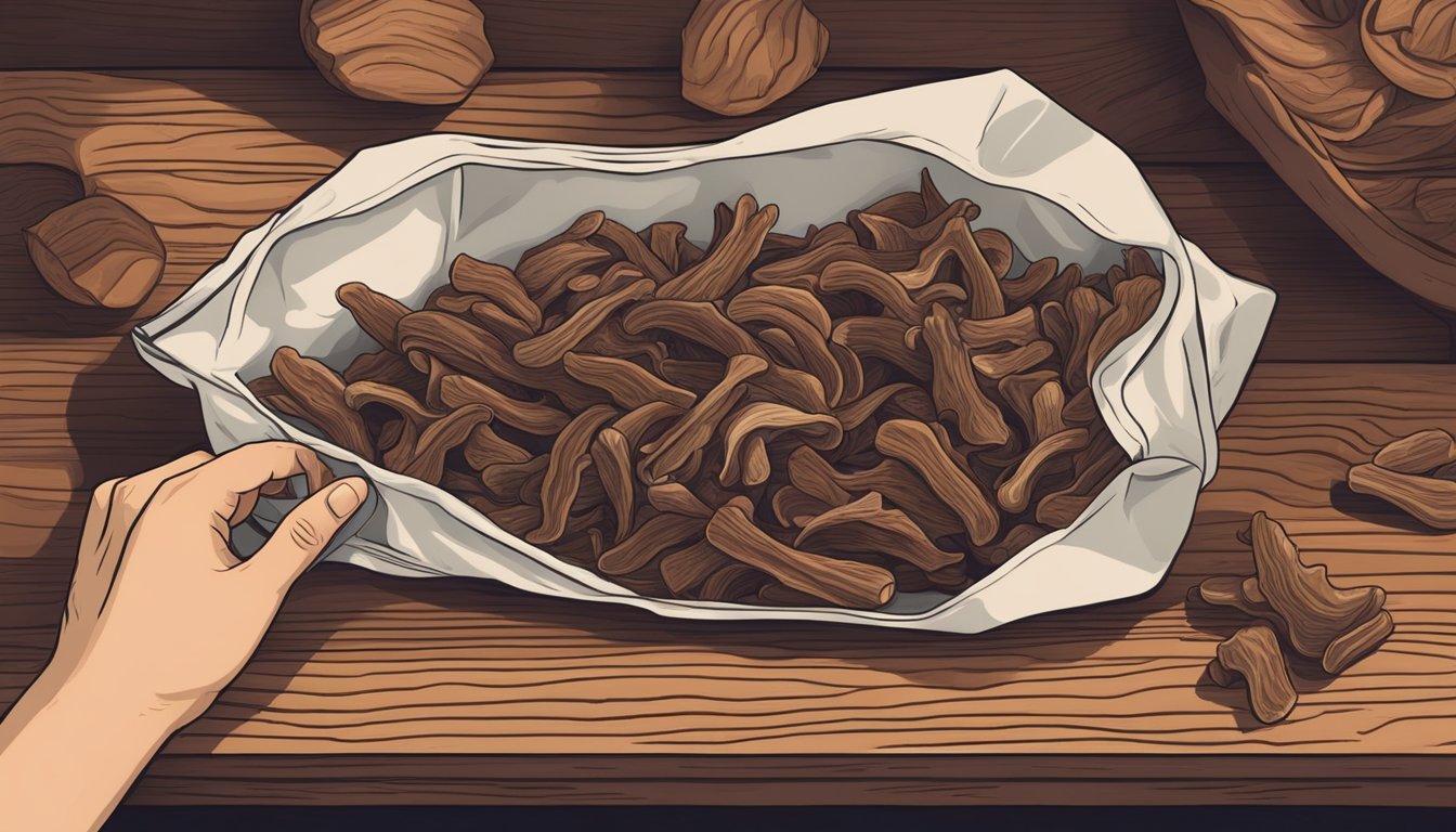 A hand reaching for a bag of mushroom stem jerky on a wooden table