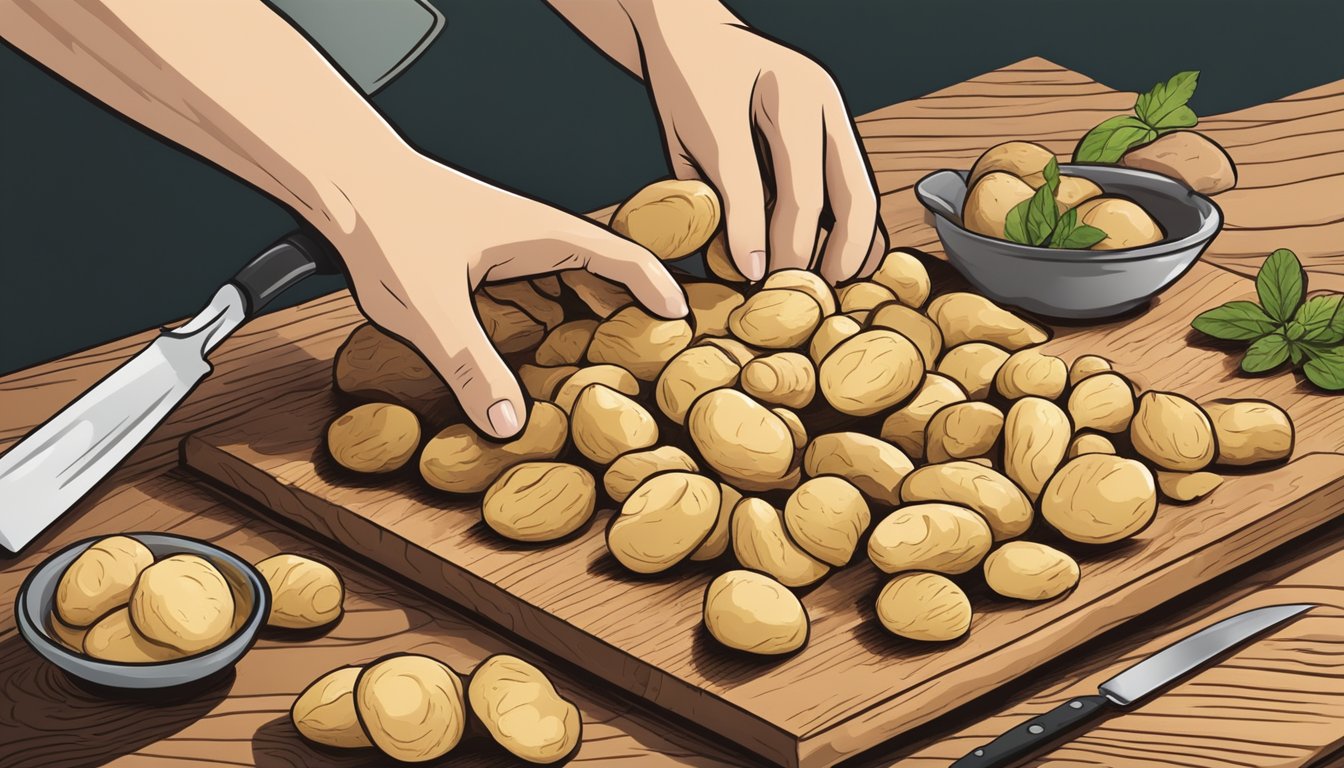 A hand reaching for a pile of potato peels and freshly made gnocchi on a wooden cutting board