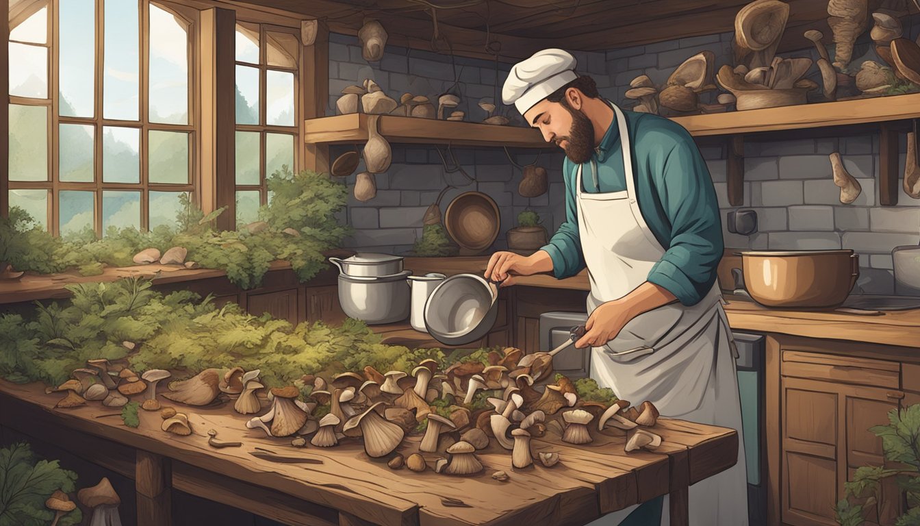 A forager collects wild mushrooms while a chef prepares mushroom stem jerky in a rustic kitchen