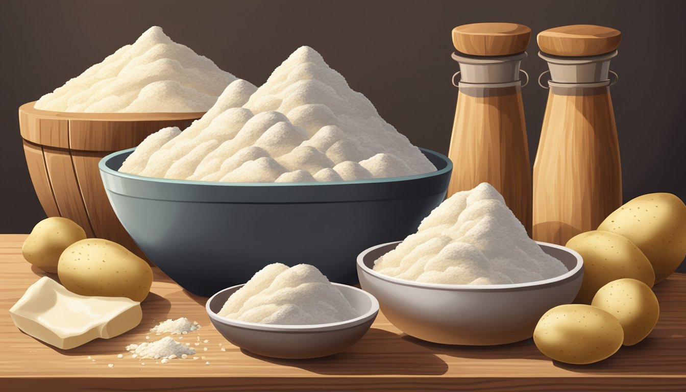 A pile of peeled potatoes and a mound of flour on a wooden surface, with a rolling pin and a bowl nearby