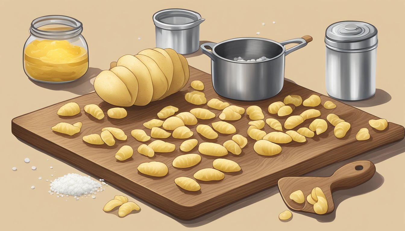 Potato peels scattered on a wooden cutting board, with a pot of boiling water and a rolling pin shaping gnocchi dough