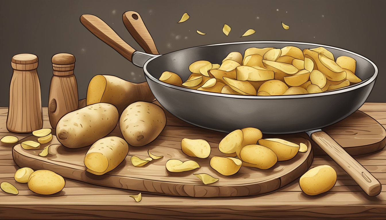 A rustic kitchen scene with a pile of potato peels, a rolling pin, and a cutting board with gnocchi shapes