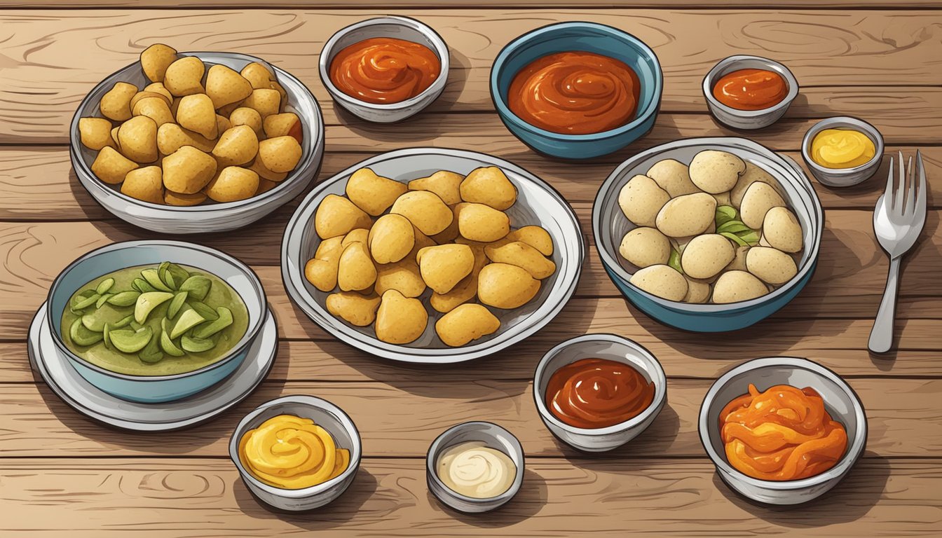 A rustic wooden table with an assortment of small bowls filled with colorful sauces and toppings next to a plate of freshly made potato peel gnocchi