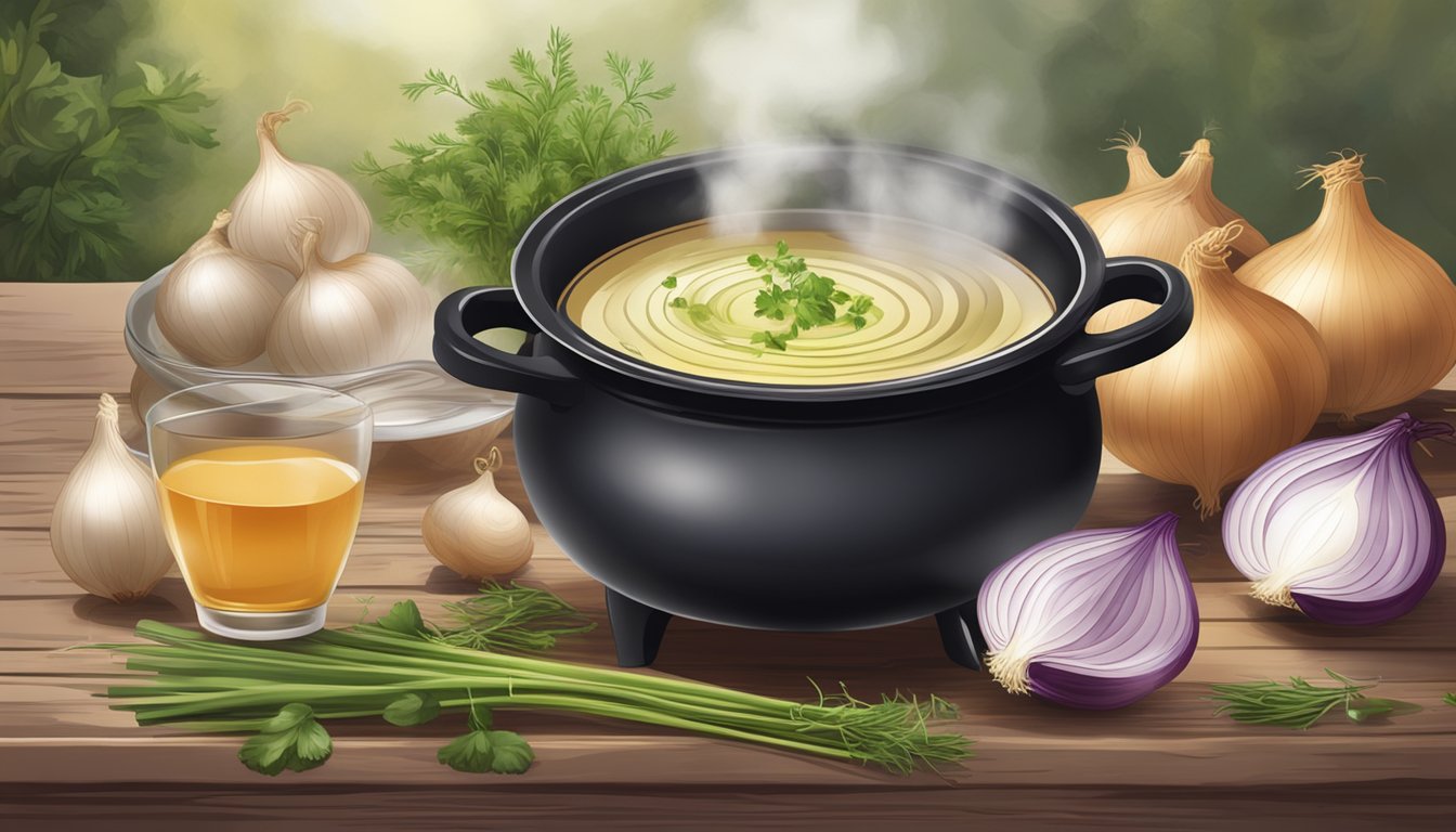 A steaming pot of onion skin broth surrounded by fresh onions and herbs on a rustic wooden table