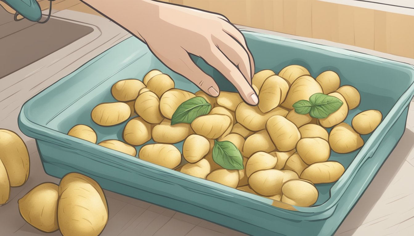 A hand placing freshly made potato peel gnocchi into a freezer bag