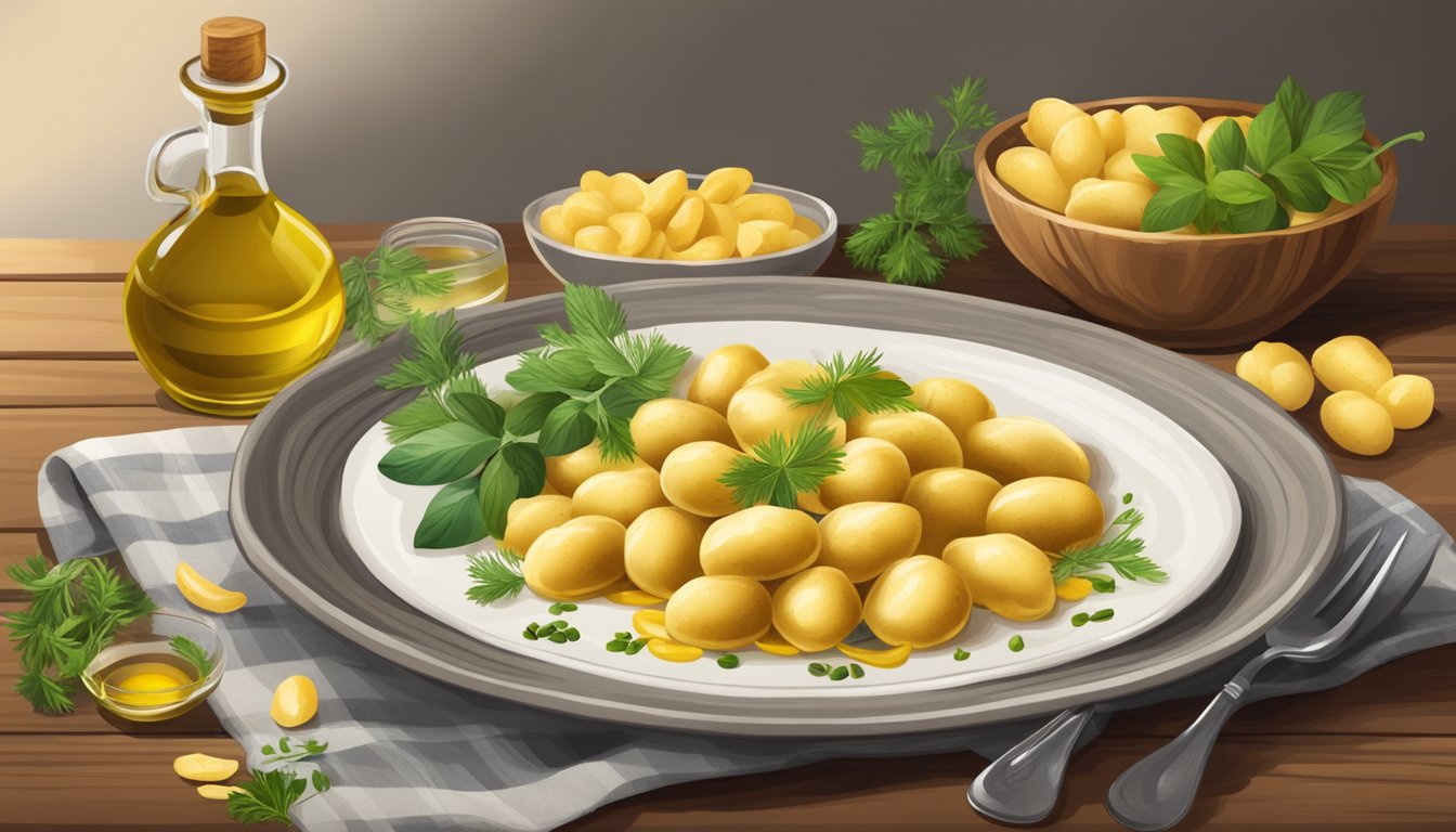 A rustic wooden table set with a ceramic plate of golden potato peel gnocchi, garnished with fresh herbs and drizzled with olive oil