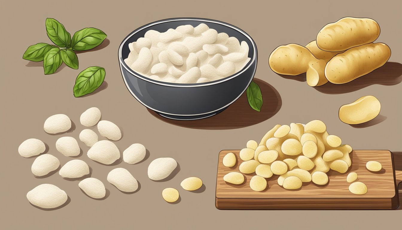 Potato peels scattered around a cutting board, with a pile of freshly made gnocchi next to a bowl of flour