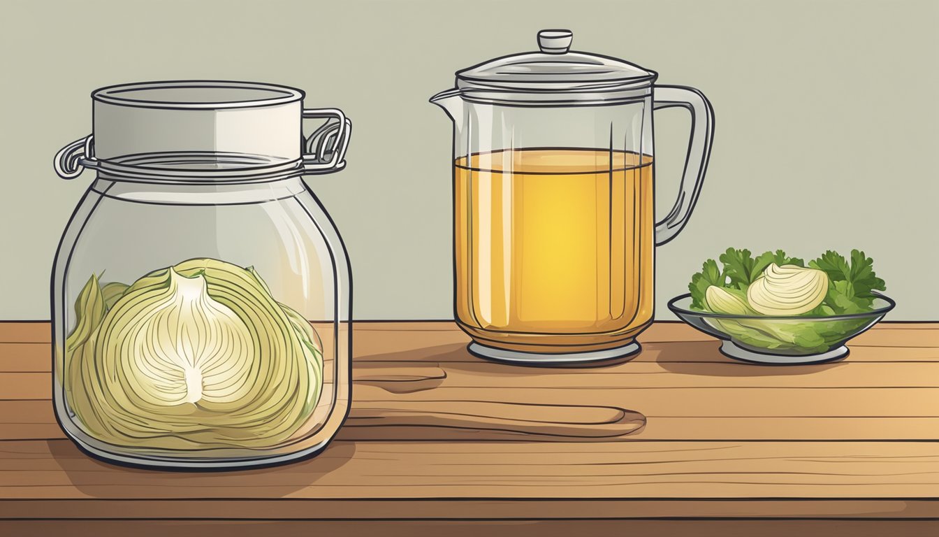 A pot of simmering onion skin broth next to a clear broth, both in glass containers on a wooden table