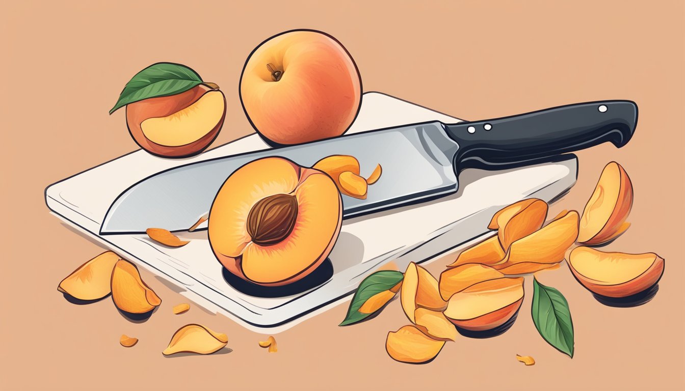 A wooden cutting board with ripe peaches, a paring knife, and a pile of peach peels