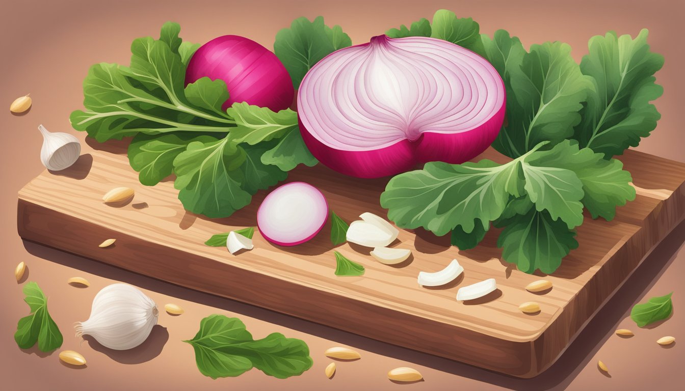 A vibrant bunch of radish leaves, garlic cloves, pine nuts, and Parmesan cheese arranged on a wooden cutting board