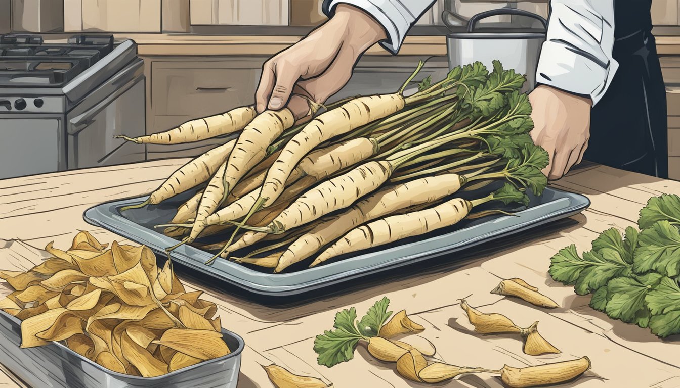 A hand reaching for a bunch of fresh, unblemished parsnips, with a pile of parsnip peels nearby and a tray of crisps