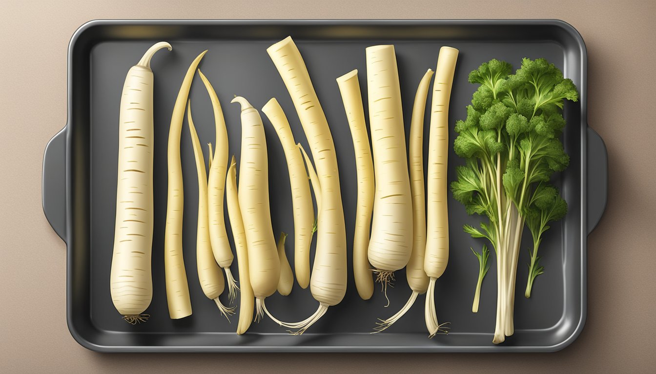 Parsnip peels arranged on a baking sheet, surrounded by a peeler and seasoning