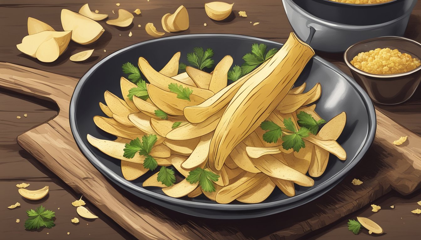 Parsnip peel crisps being sprinkled with flavoring in a rustic kitchen setting