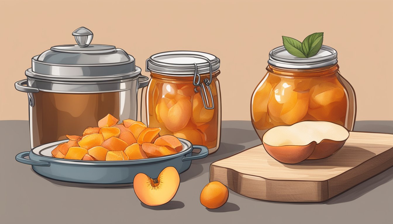 A jar of peach peel jam sits next to a pile of discarded peach skins and a pot of simmering jam on a stovetop