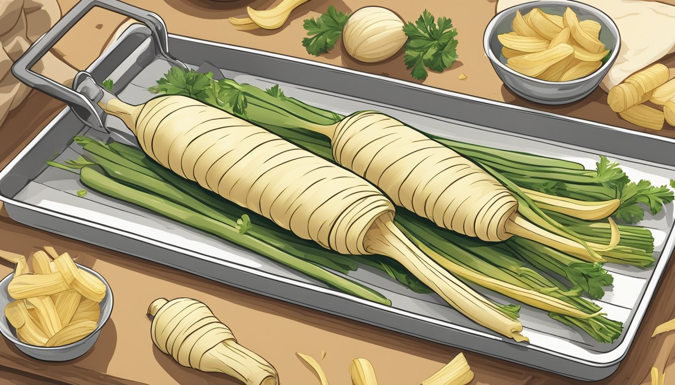 A parsnip being peeled into thin, uniform strips with a sharp peeler. The peels are spread out on a baking sheet ready for crisping in the oven