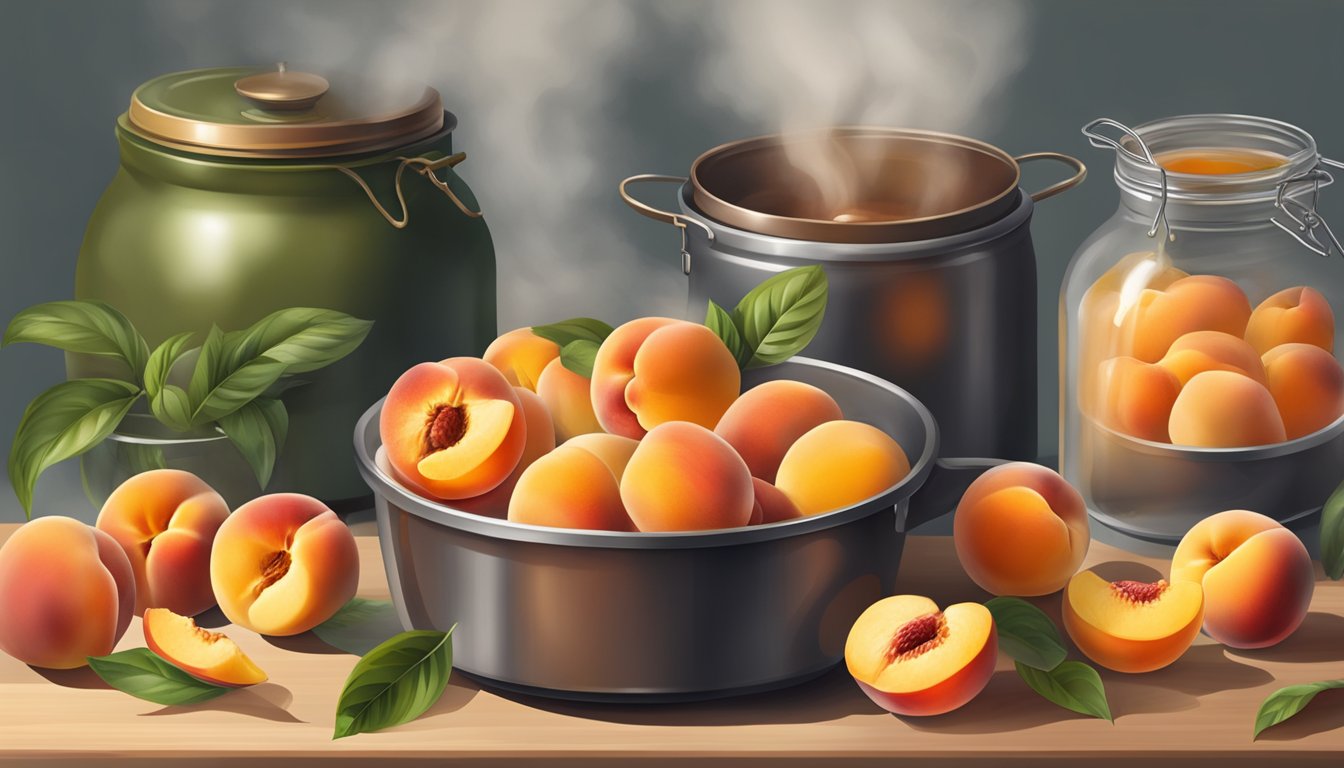 Fresh peaches being peeled and sliced, a pot simmering on the stove, jars and lids ready for filling, and a wooden spoon stirring the bubbling jam