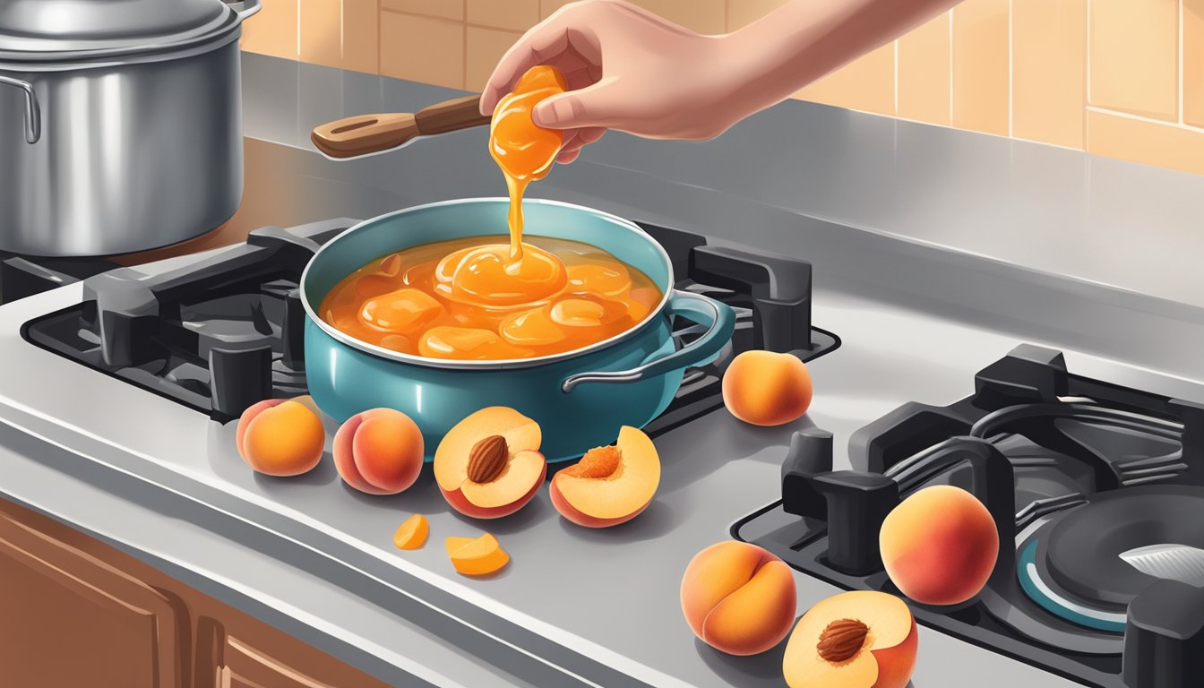 A hand reaching for a jar of peach peel jam surrounded by fresh peaches and a pot of simmering jam on a stove