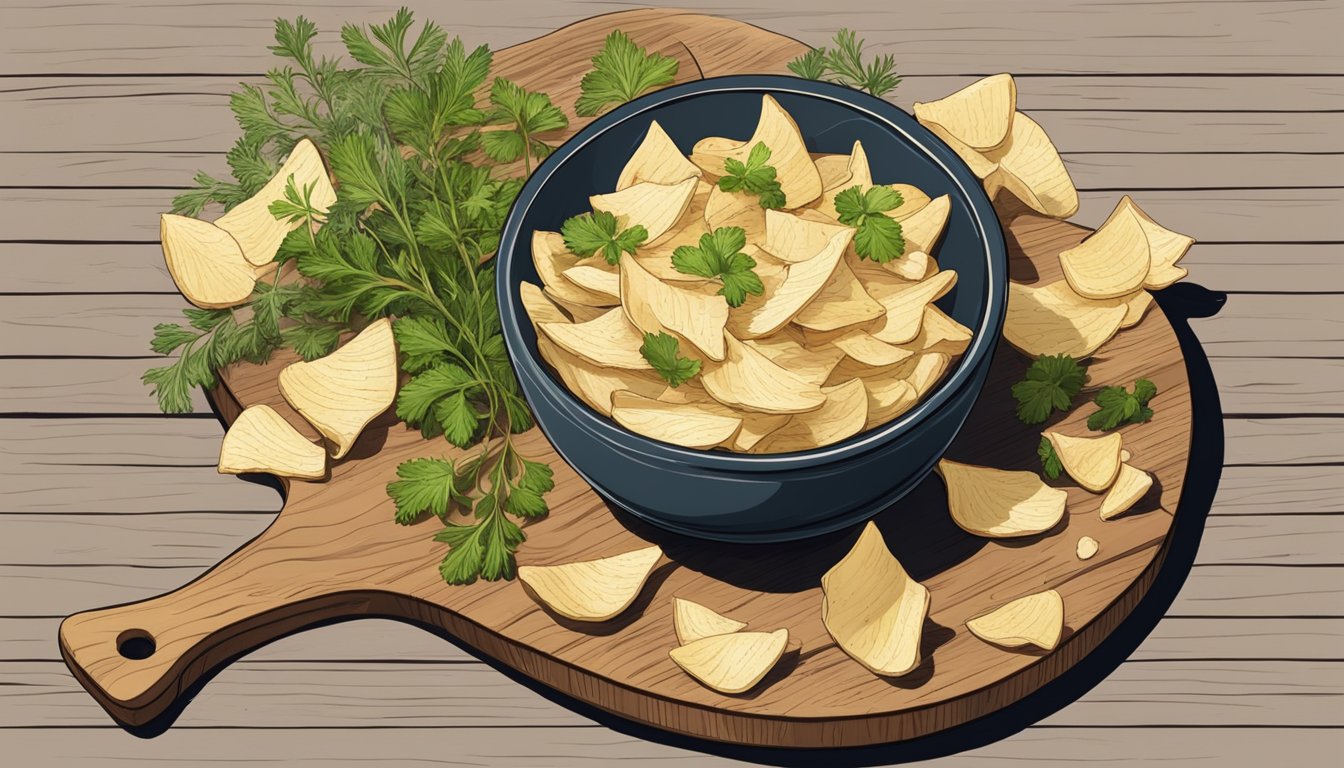 A bowl of parsnip peel crisps arranged with fresh herbs and a sprinkle of sea salt on a wooden serving platter