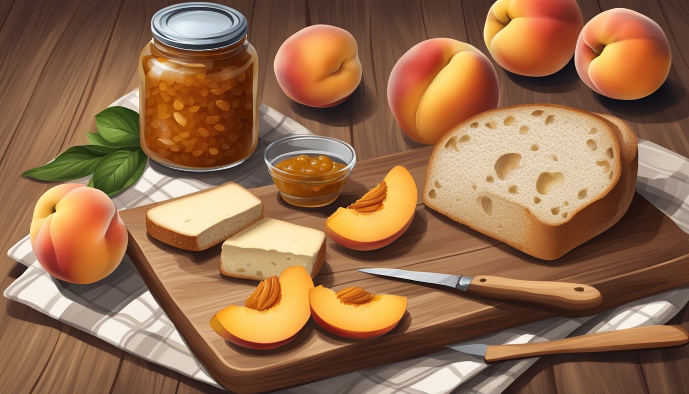 A rustic wooden table with a jar of peach peel jam, surrounded by fresh peaches, a loaf of bread, and a selection of cheeses