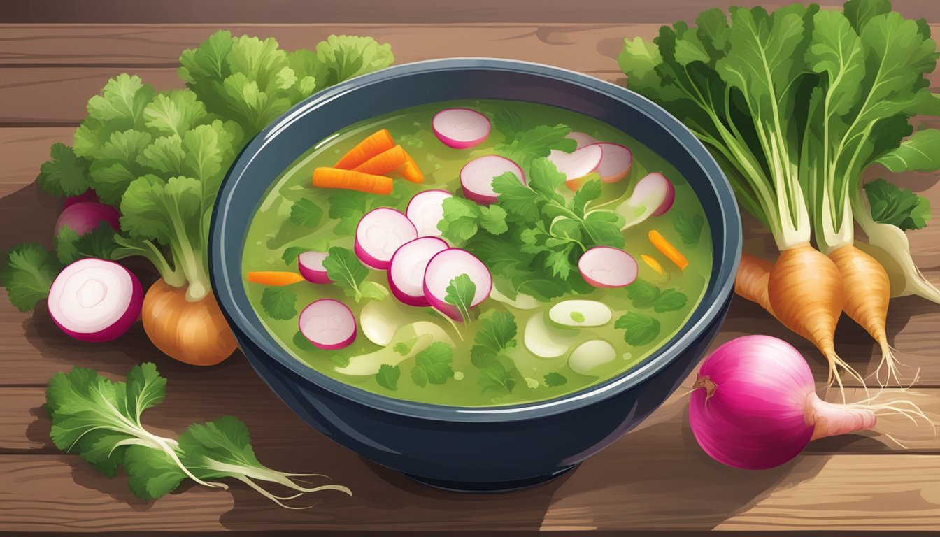 A steaming bowl of vibrant green radish top soup surrounded by fresh radishes and other colorful vegetables on a rustic wooden table