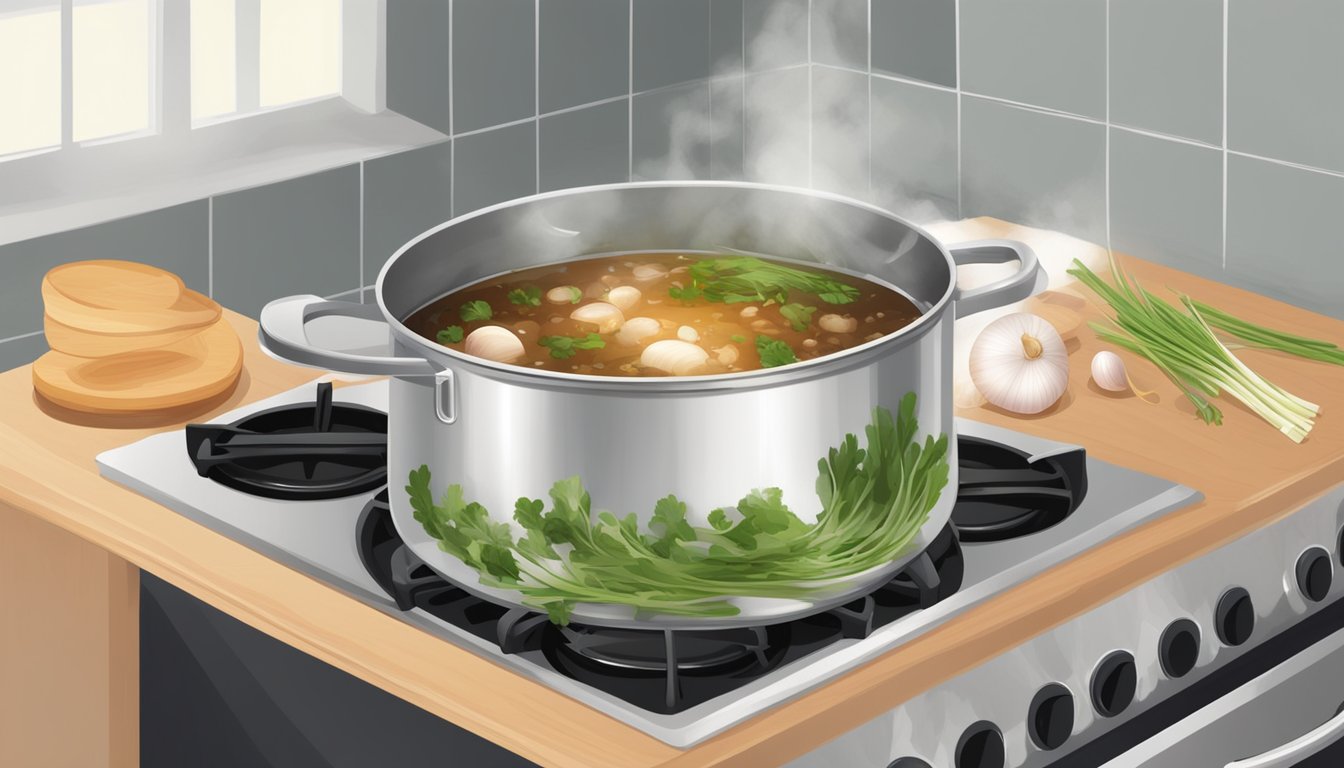 A pot simmering on a stove, filled with chopped radish tops, onions, and broth. A wooden spoon rests on the edge, steam rising from the bubbling liquid