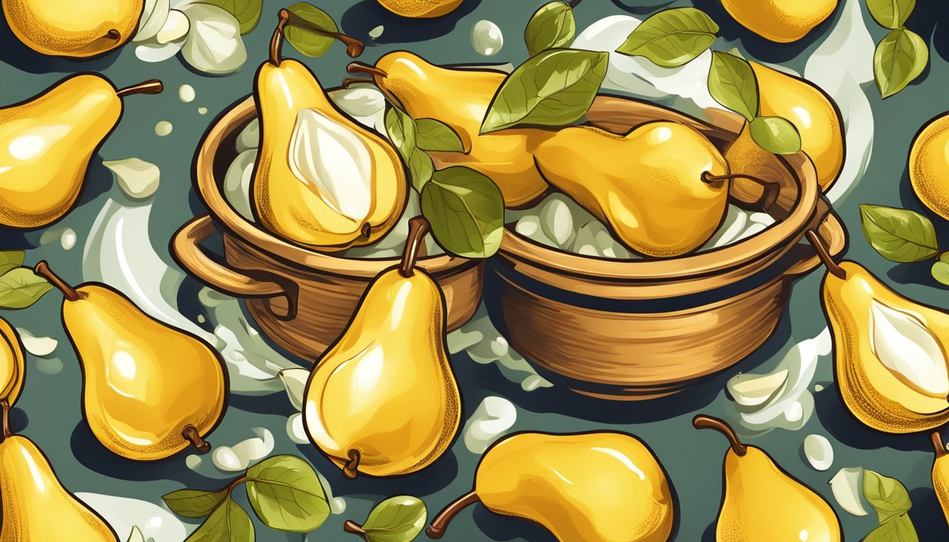 A pile of ripe pears with their peels being boiled down into a rich, golden syrup