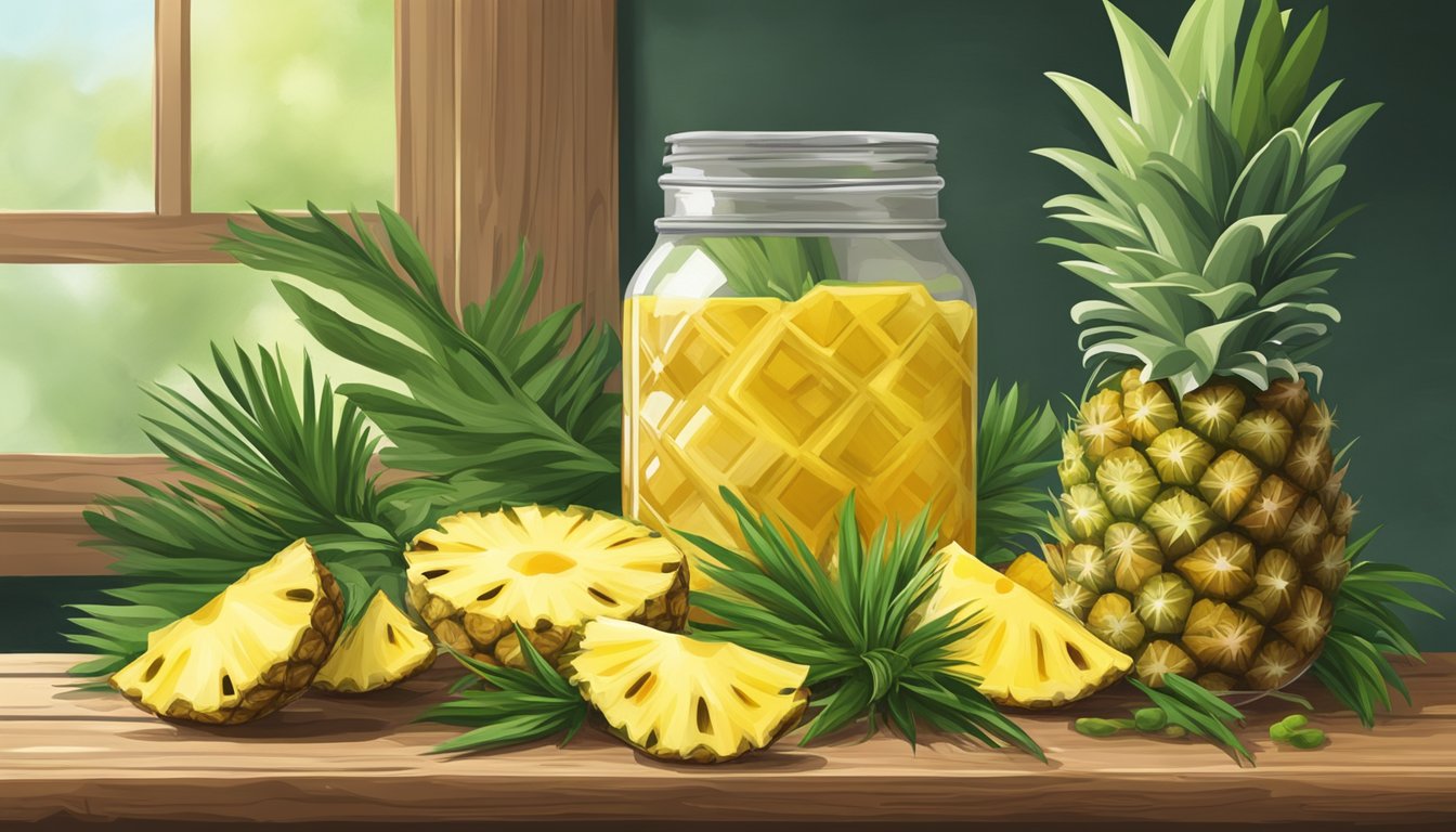 A rustic kitchen table with a jar of fermenting pineapple core tepache, surrounded by fresh pineapples and vibrant green leaves