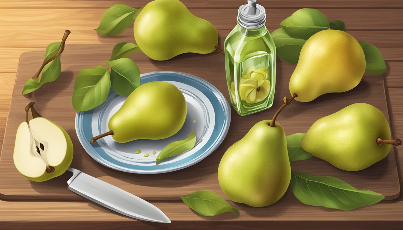 A glass bottle of pear peel syrup next to a pile of fresh pears and a peeler on a wooden cutting board