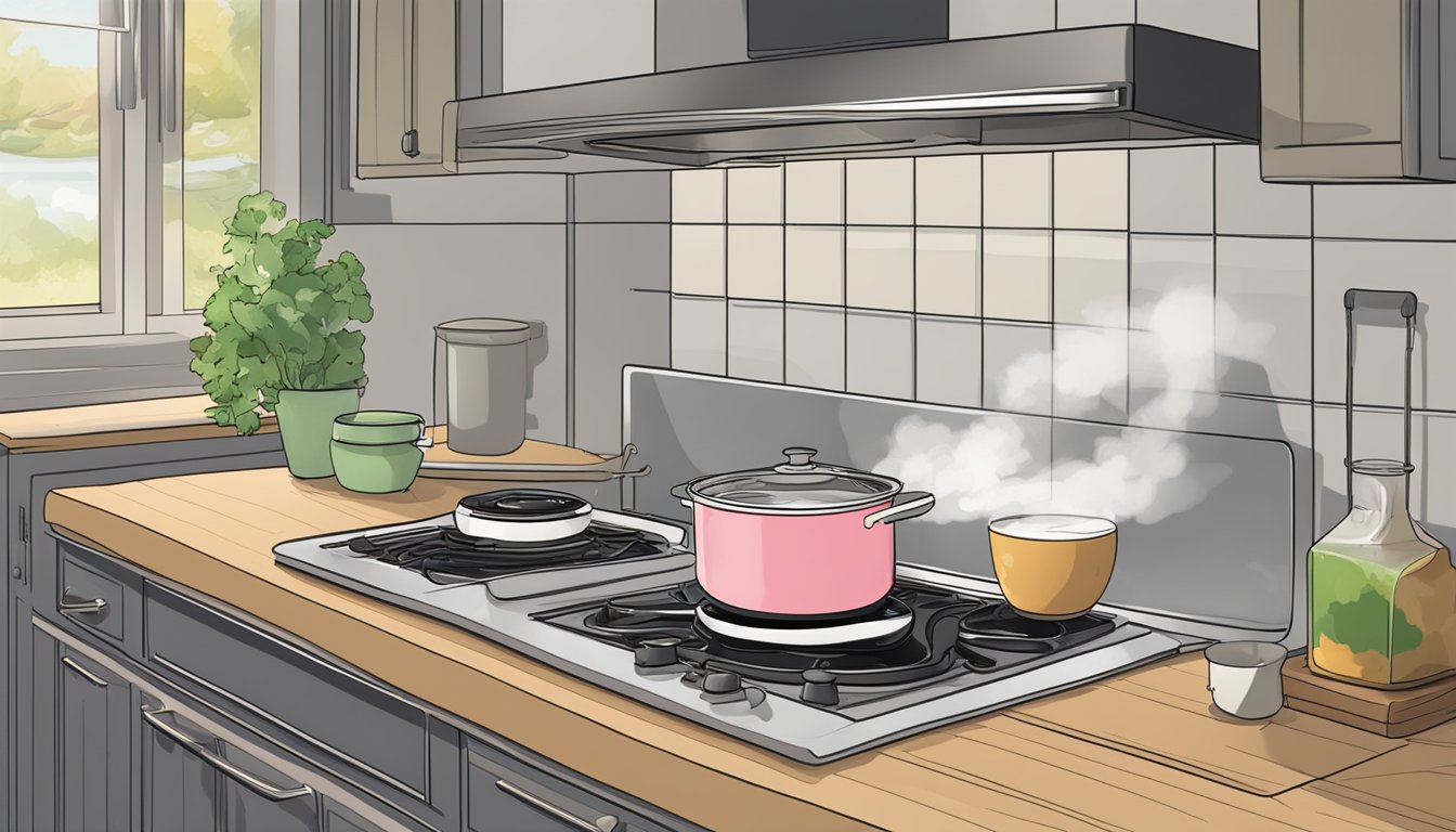 A pot of radish top soup sits on a stovetop, steam rising. A microwave door is open, with a bowl of soup inside