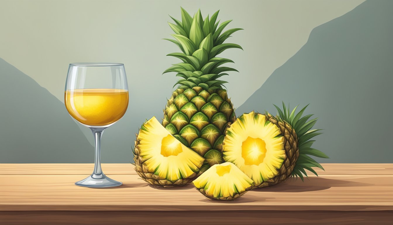 A pineapple core sits next to a glass of tepache on a wooden table