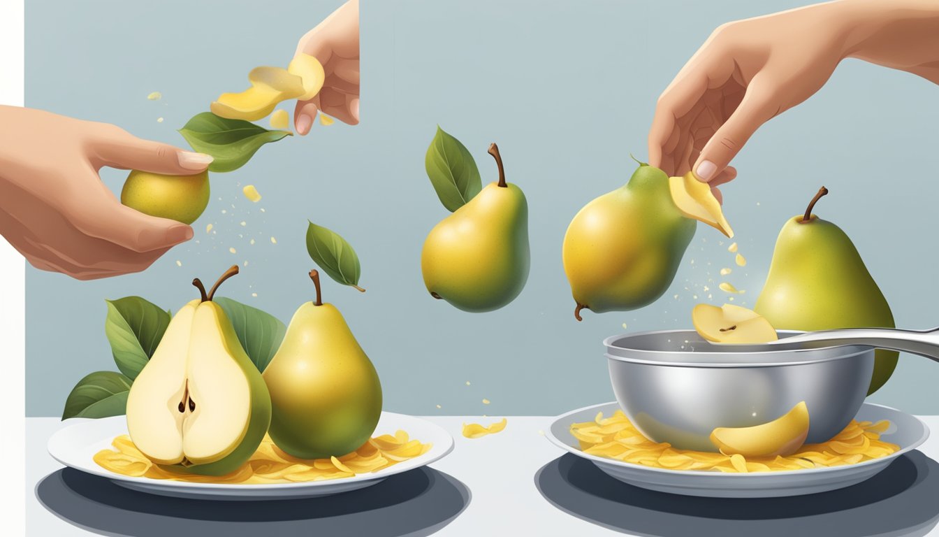 A hand reaching for a ripe pear, a peeler removing the skin, a pot simmering with pear peels and sugar