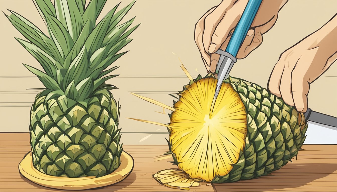 A pineapple being cored and the core being used to prepare tepache