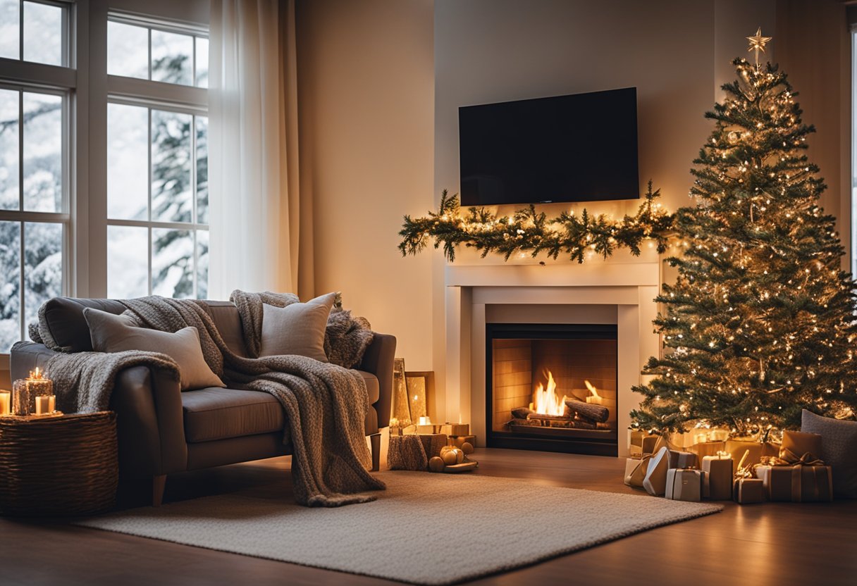 A cozy living room with a crackling fireplace, a decorated Christmas tree, and a warm glow from twinkling lights