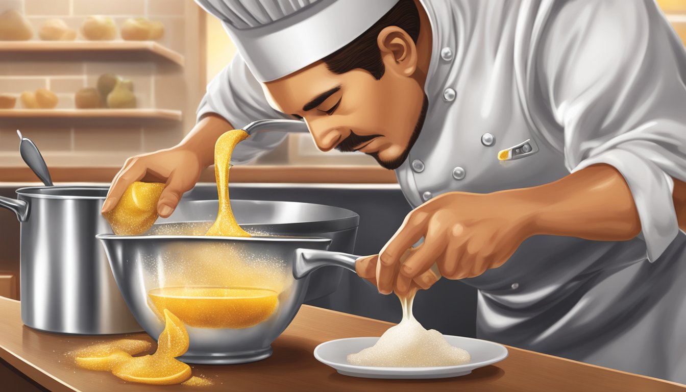 A chef pouring pear peel syrup into a bubbling pot of caramelizing sugar, creating a rich and sweet aroma