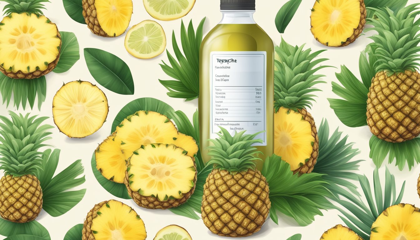 A glass of tepache surrounded by pineapple cores and leaves, with a label highlighting its health and nutritional benefits