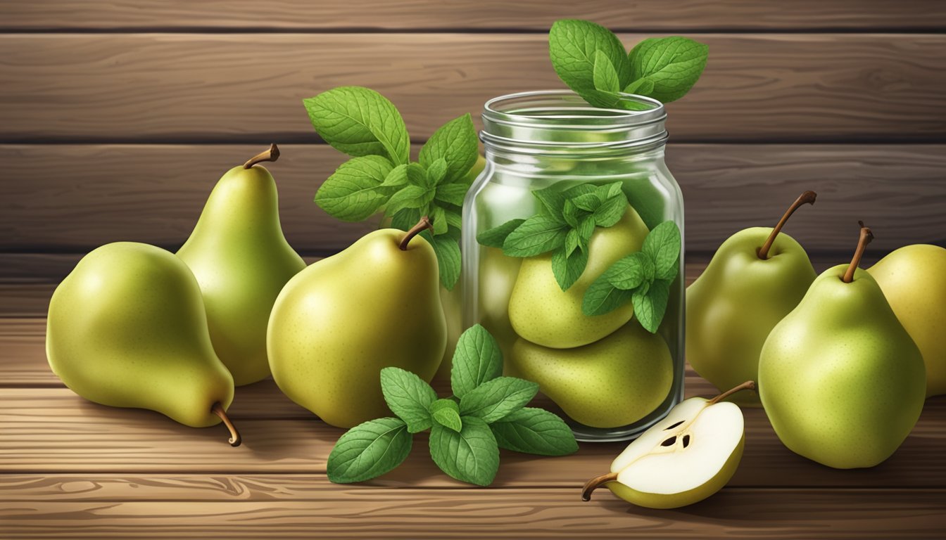 A glass jar filled with pear peel syrup surrounded by fresh pears and a sprig of mint on a rustic wooden table