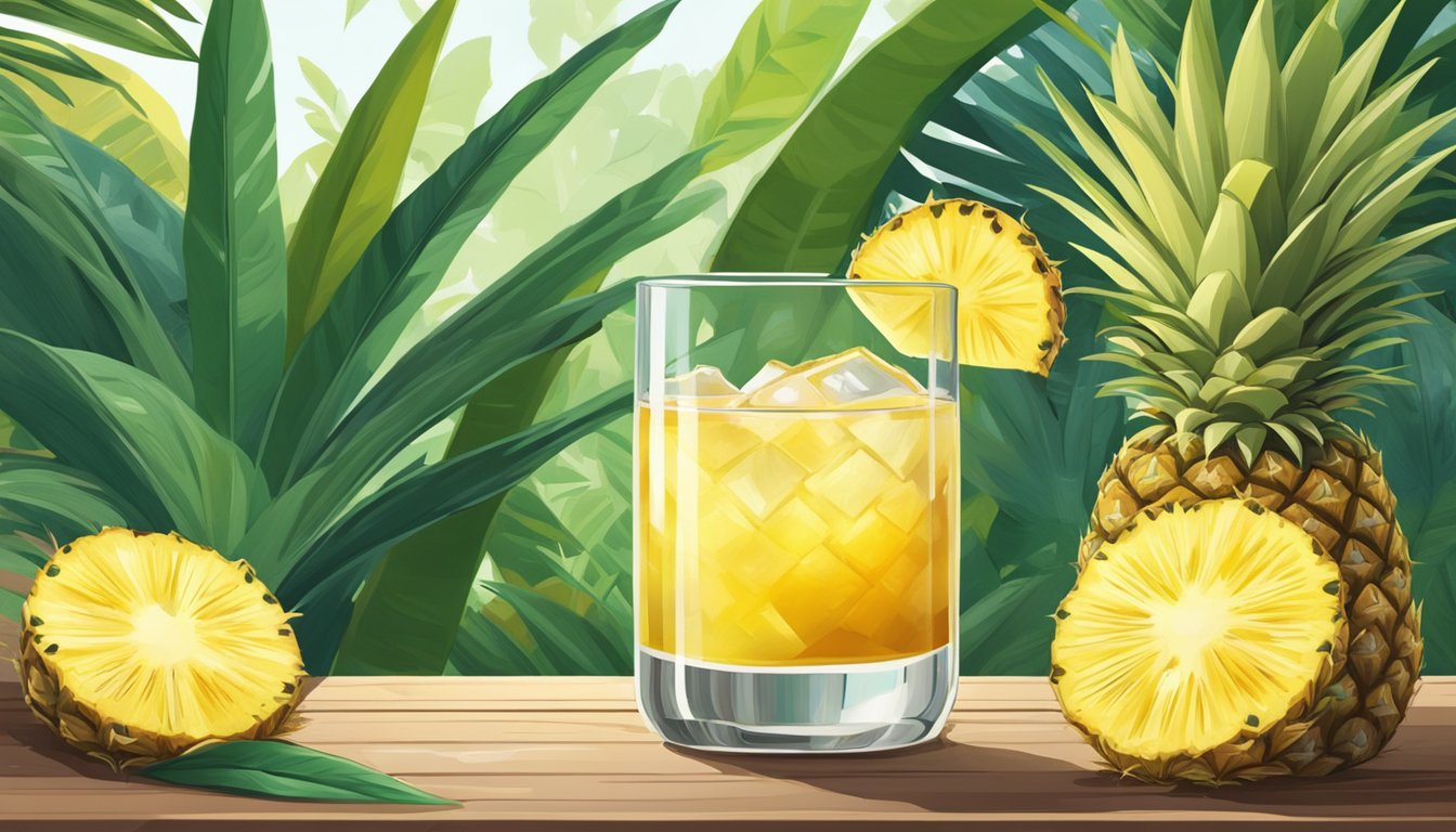 A glass of pineapple tepache being poured, with a slice of fresh pineapple on the rim, surrounded by tropical foliage