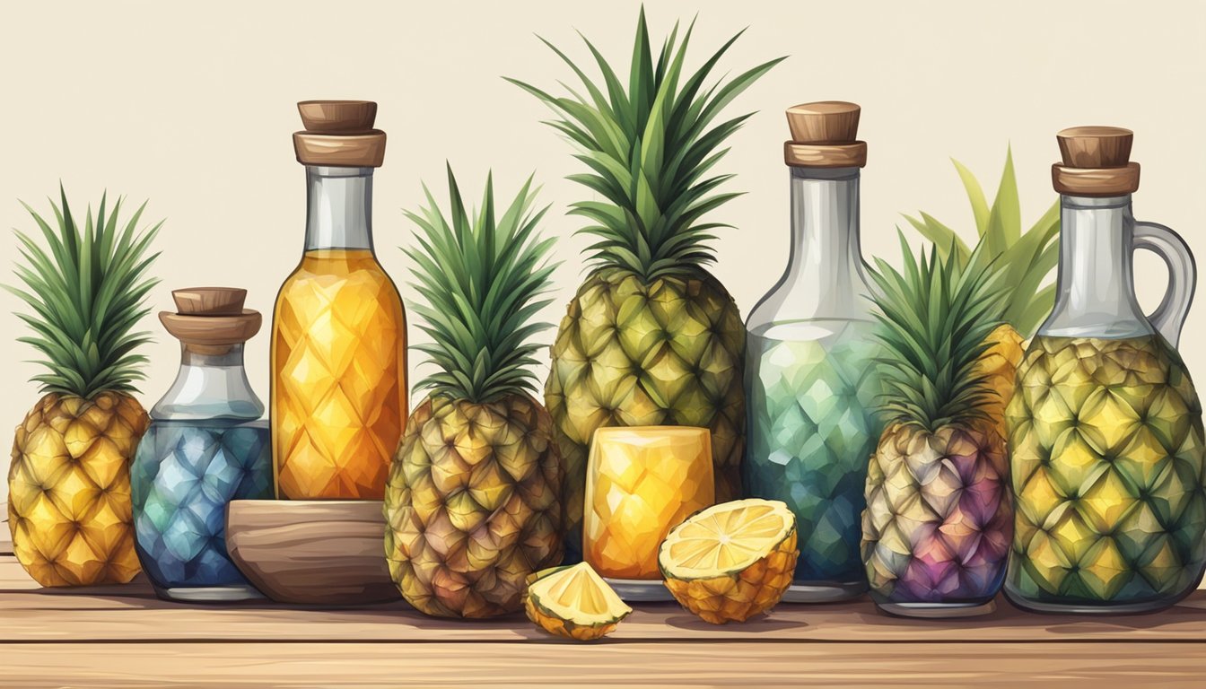 A rustic wooden table with various pineapple cores and bottles of tepache in different flavors and colors