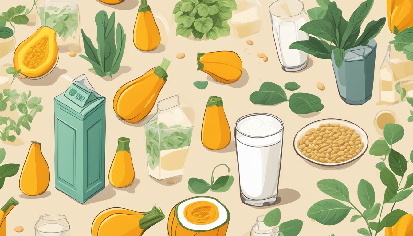 A glass of squash seed milk surrounded by various other plant-based milks in cartons