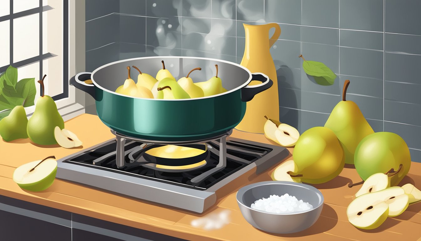 Ripe pears being peeled and sliced, with a pot simmering on the stove. Sugar and water nearby for making pear syrup