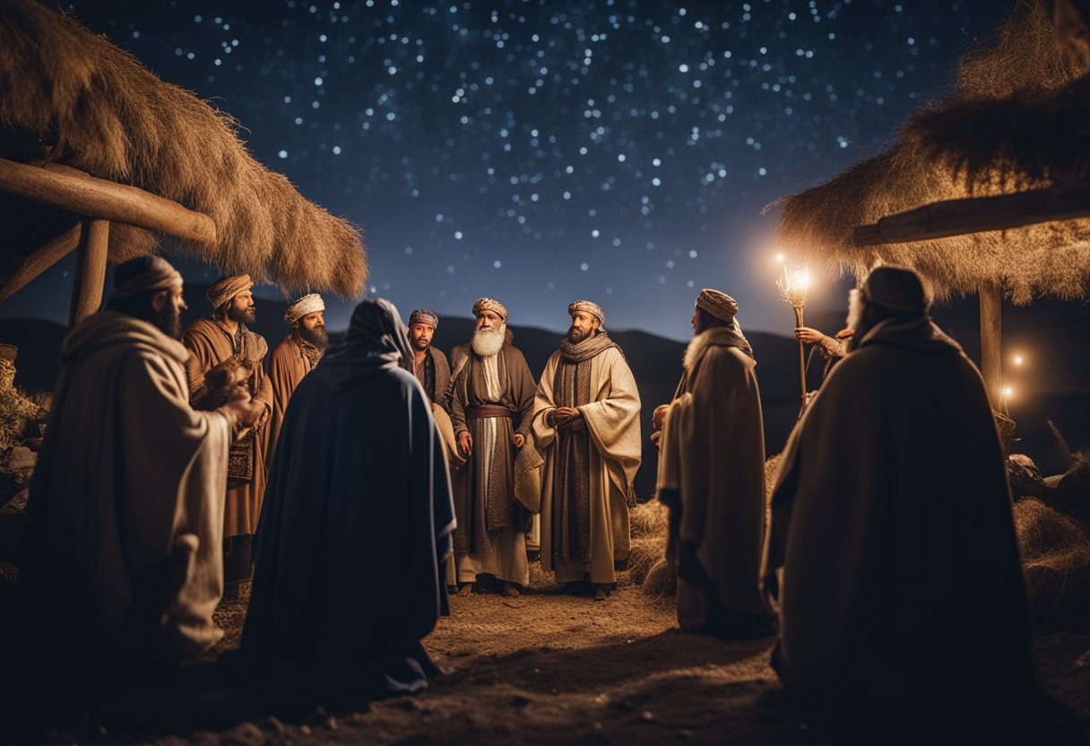 Shepherds and wise men gather under a starry sky, surrounded by their flock and bearing gifts, as the echoes of divinity fill the air