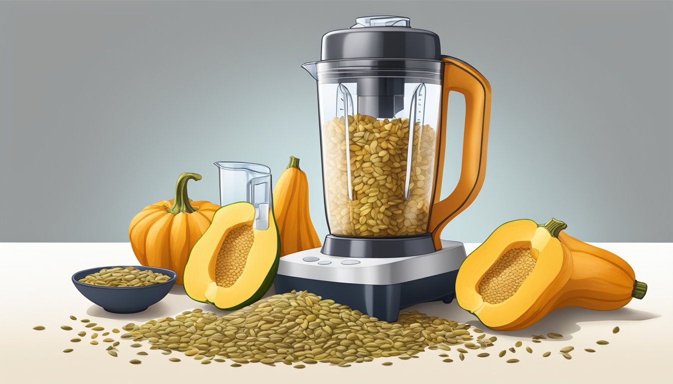 A blender filled with squash seeds and water, with a bowl of soaked seeds nearby