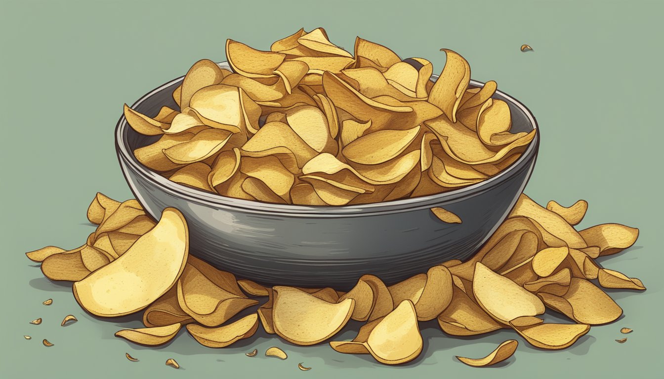 A pile of potato peels sits next to a bowl of freshly made potato peel chips, showcasing the transformation from waste to tasty snack