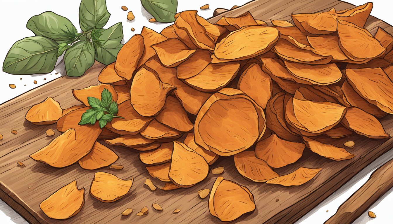 A pile of crispy sweet potato skin chips arranged on a wooden cutting board, surrounded by scattered sweet potatoes and a few scattered herbs