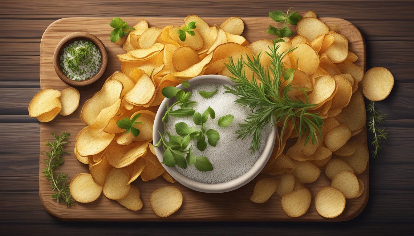 A rustic wooden serving platter holds a pile of golden, crispy potato peel chips, sprinkled with sea salt and fresh herbs