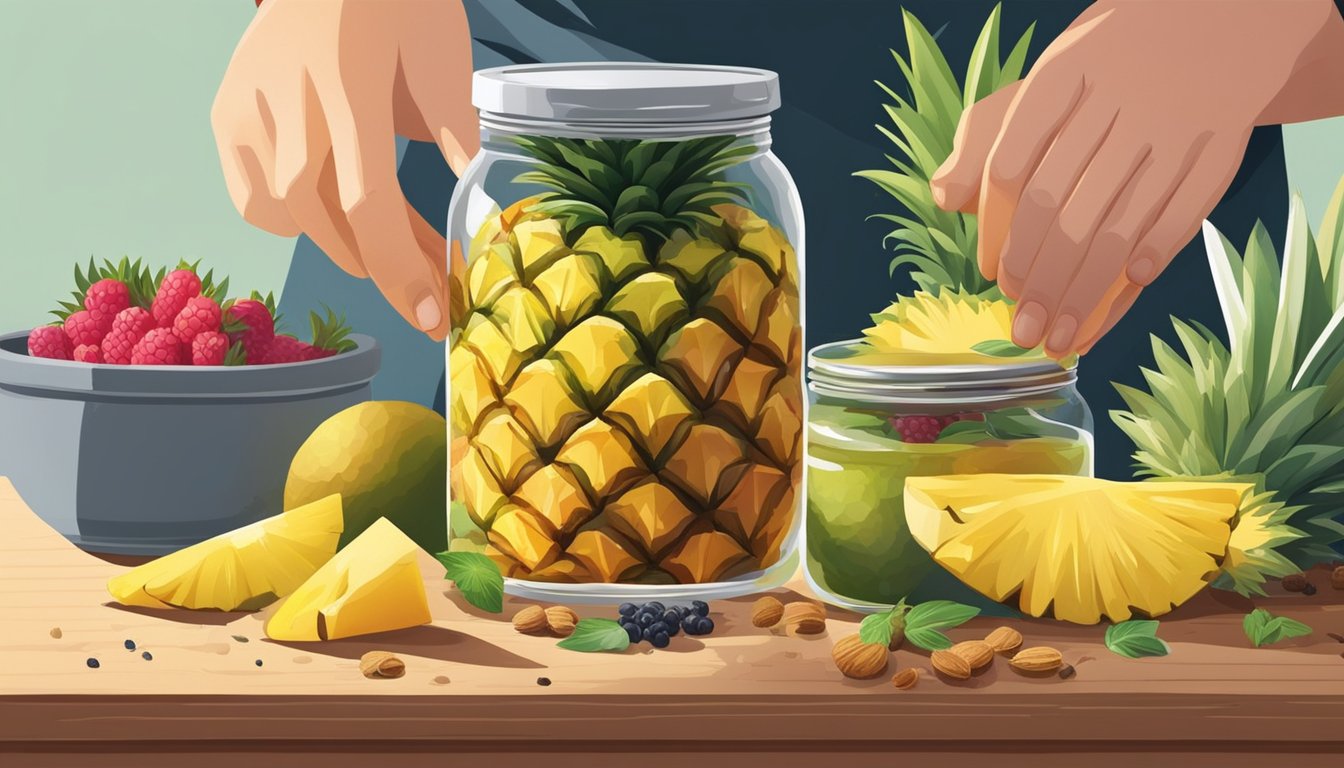 A person slicing a fresh pineapple and adding the peel to a jar of liquid, surrounded by various fruits and spices