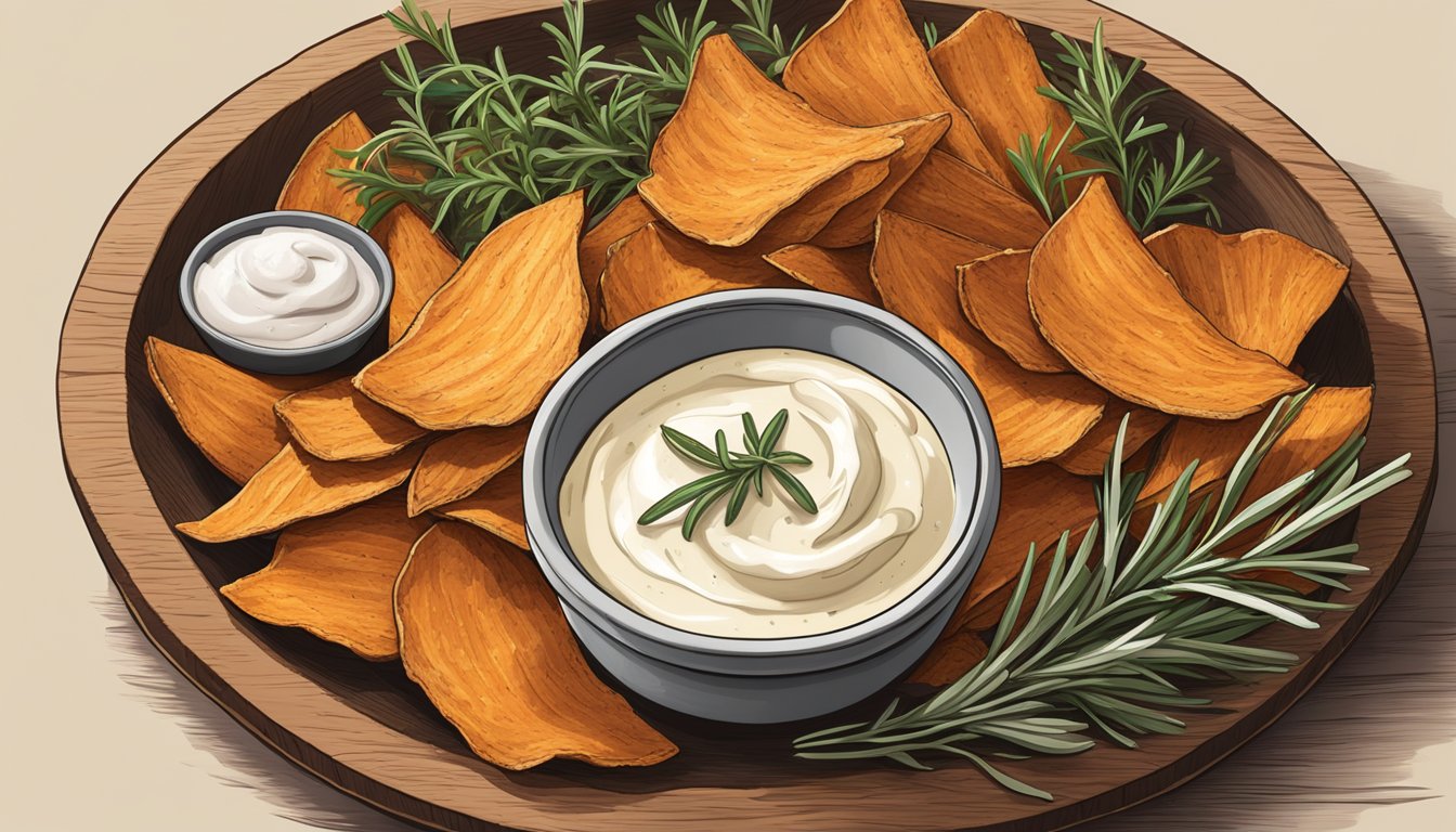 A rustic wooden platter holds a pile of crispy sweet potato skin chips, surrounded by sprigs of fresh rosemary and a small dish of creamy garlic aioli for dipping