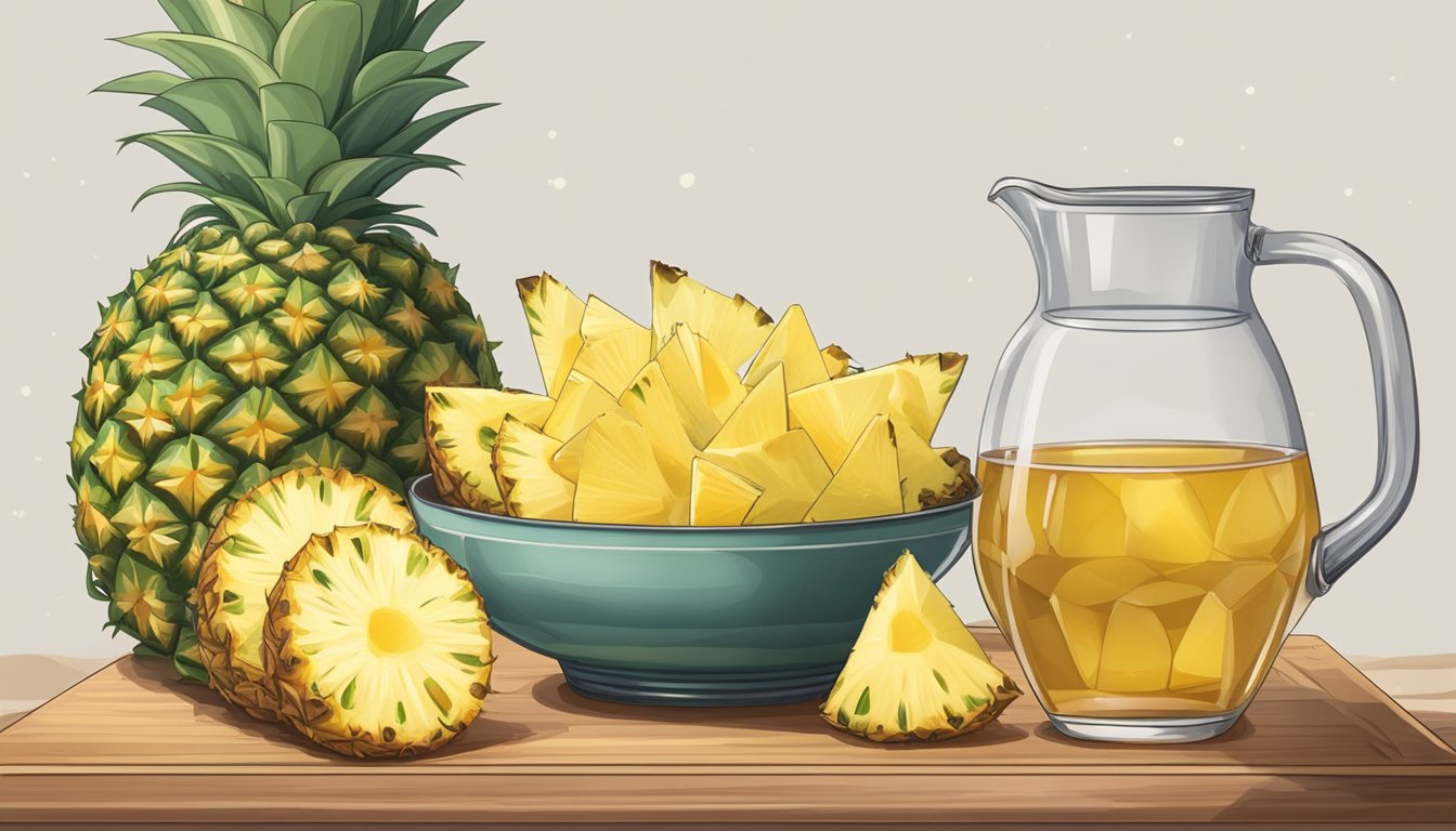 A glass pitcher filled with pineapple peel tepache sits on a wooden serving tray next to a bowl of freshly cut pineapple slices