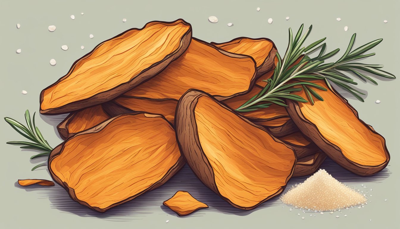 A pile of crispy sweet potato skin chips arranged on a wooden cutting board with a sprinkle of sea salt and a sprig of rosemary